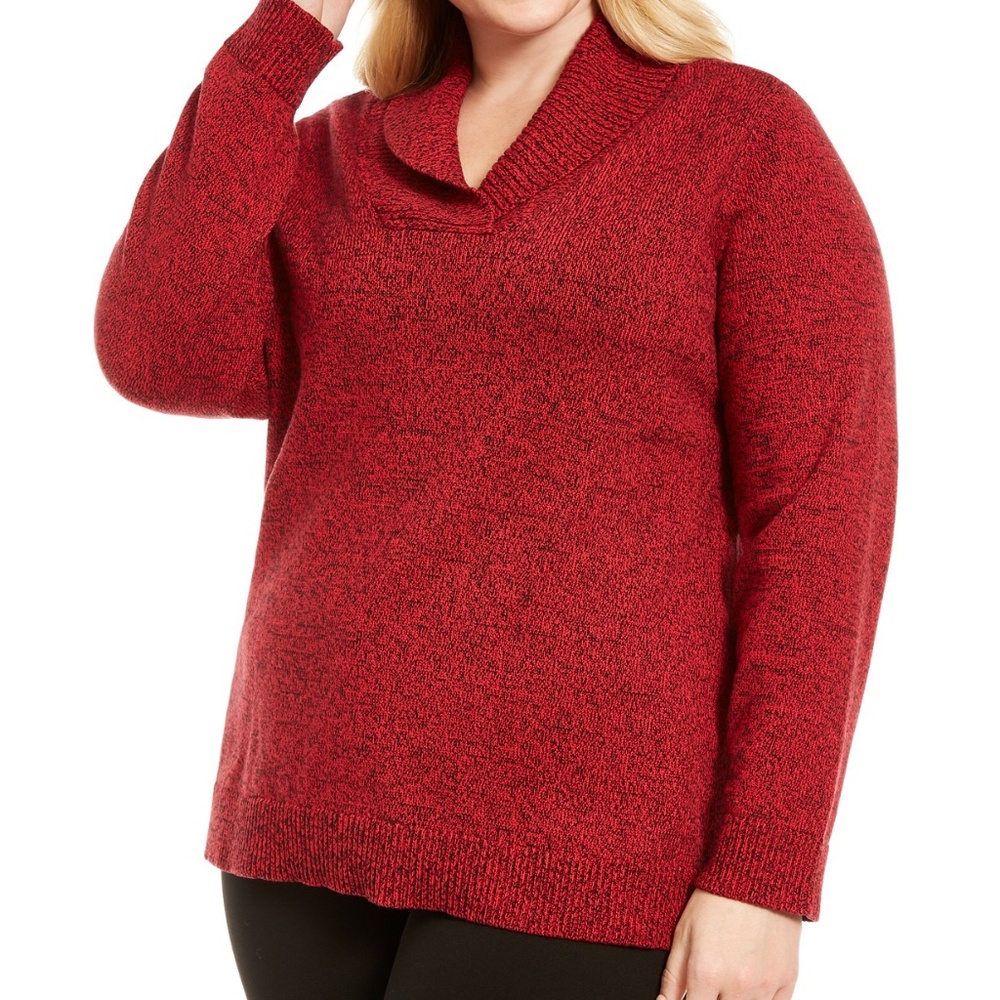 Karen Scott Marled Cotton Shawl-Collar Sweater Plus Size Red